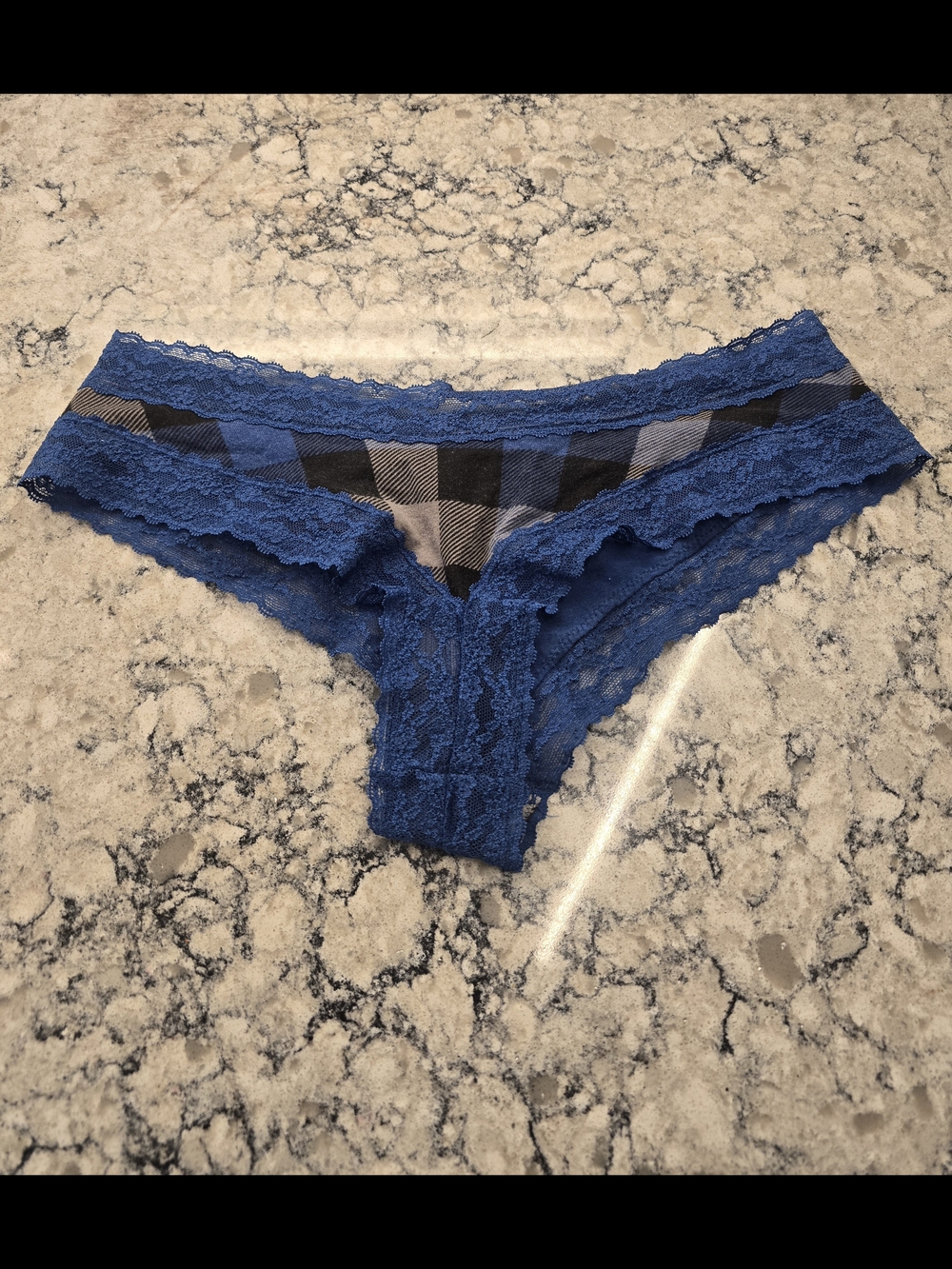 PINK Victoria's Secret Blue Plaid Lace Cheeky Panty